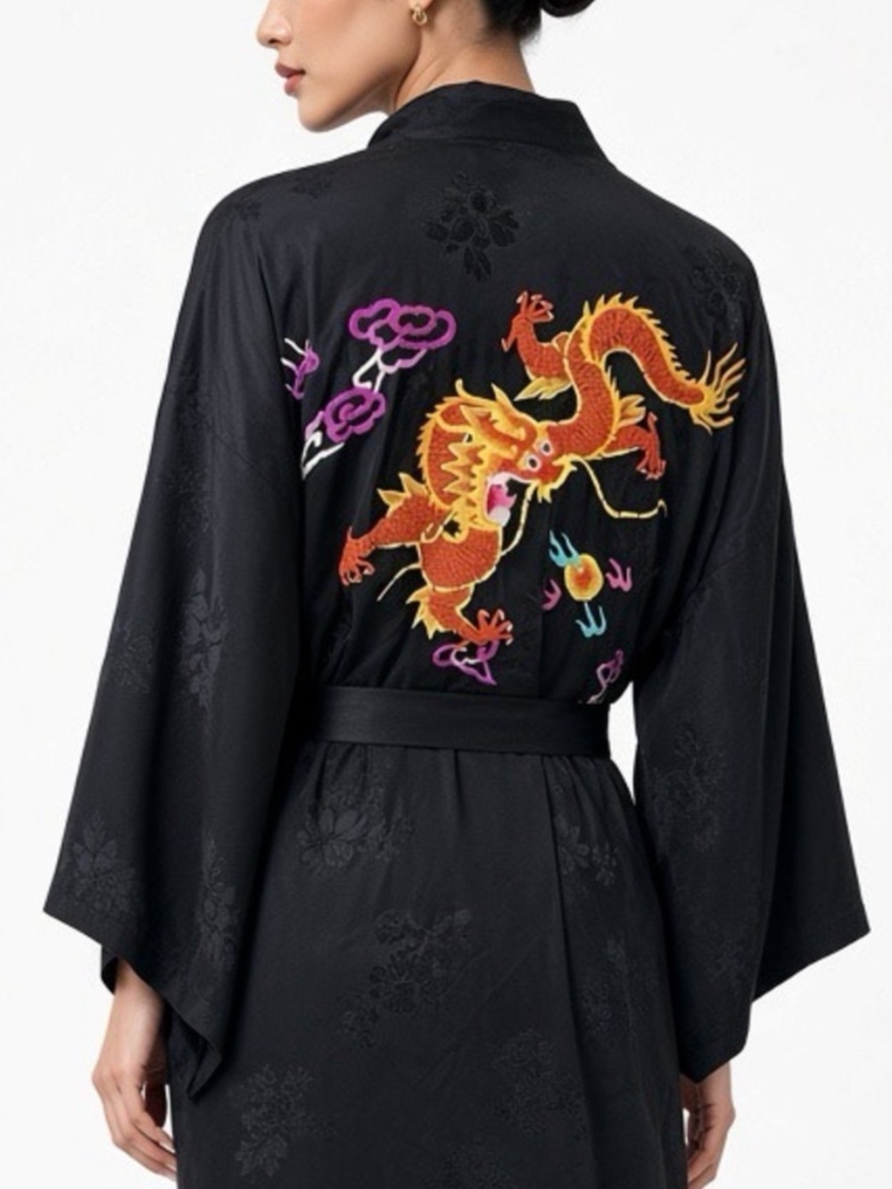 Vintage Golden Bee Chinese Black Silk Embroidered Dragon & Peacock Robe size S M